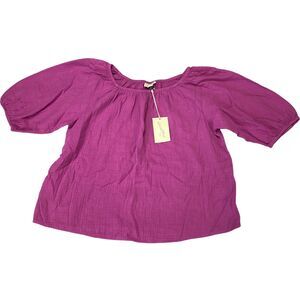 Universal Thread Blouse Top XS Pink Woven Cotton Puff Sleeve Scoop Neck Pullover